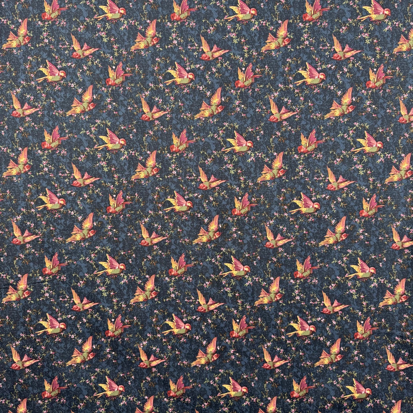 Cotton Lawn - Bird and Foliage on Blue VO9