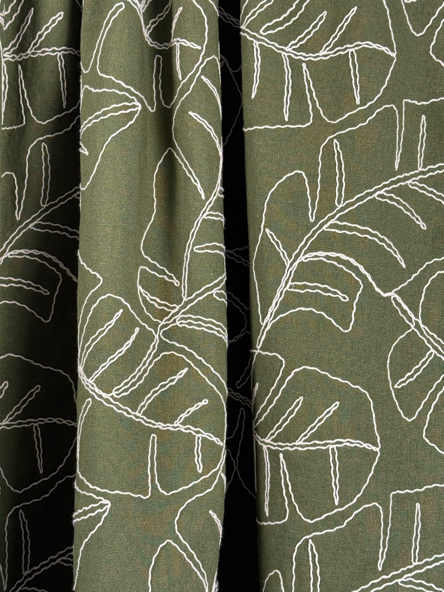Embroidered Leaves Linen Viscose Forest Green