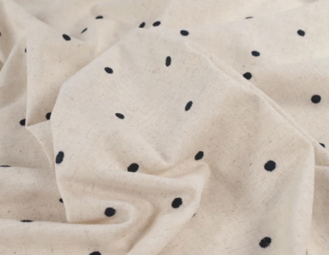 Embroidered Dot Linen blend - Black and Oatmeal V43