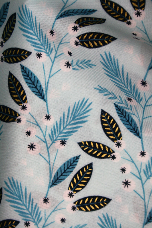 Teal Leaves and gold detail Cotton