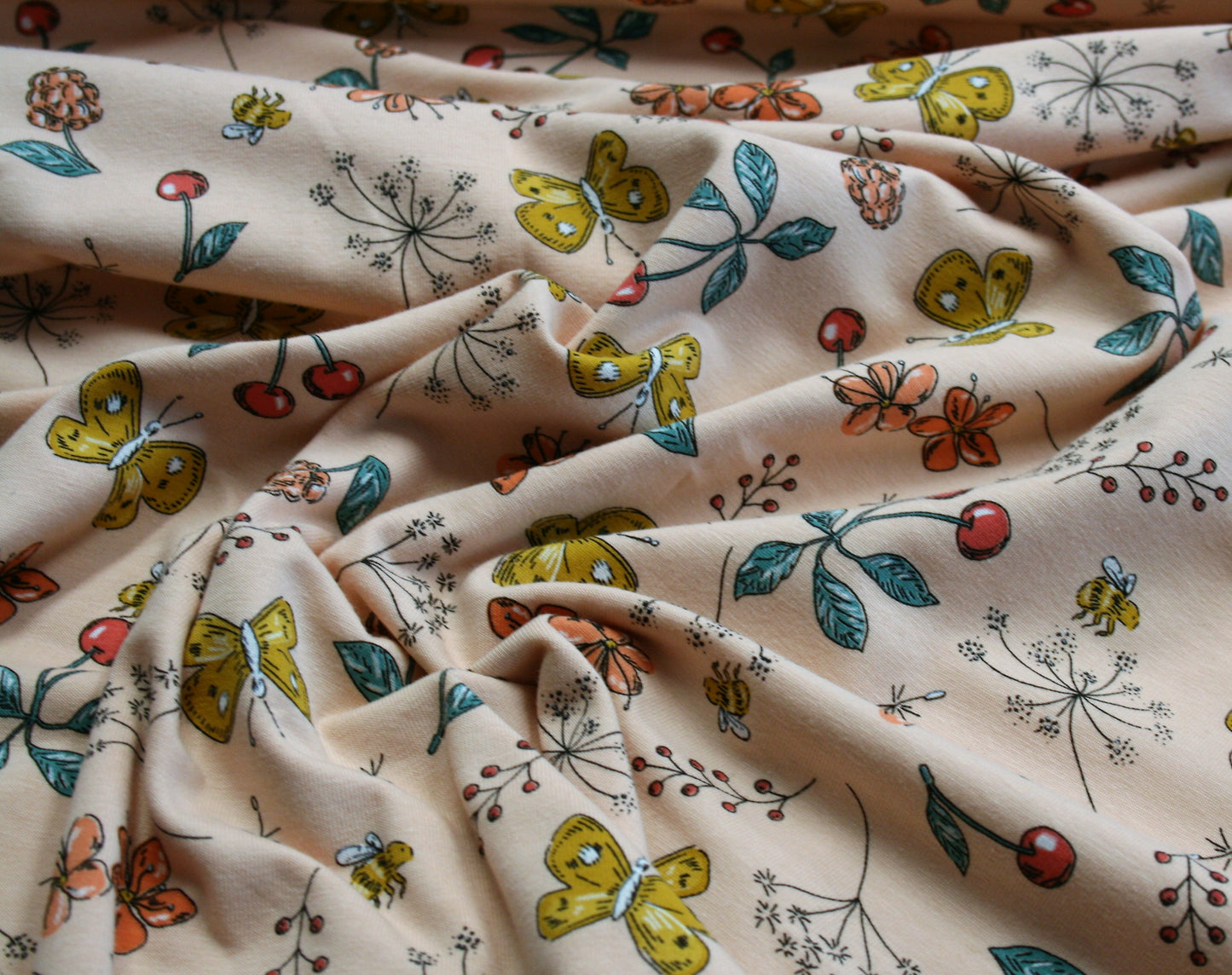 Flowers and Butterflies on Peach - Cotton Jersey G15