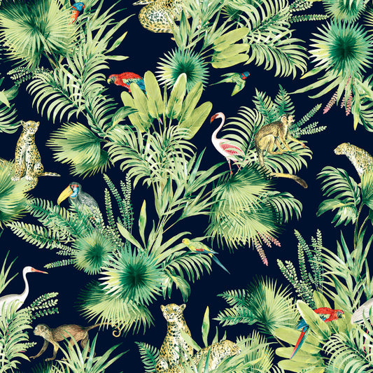 Navy Jungle Print Soft Furnishing Velvet