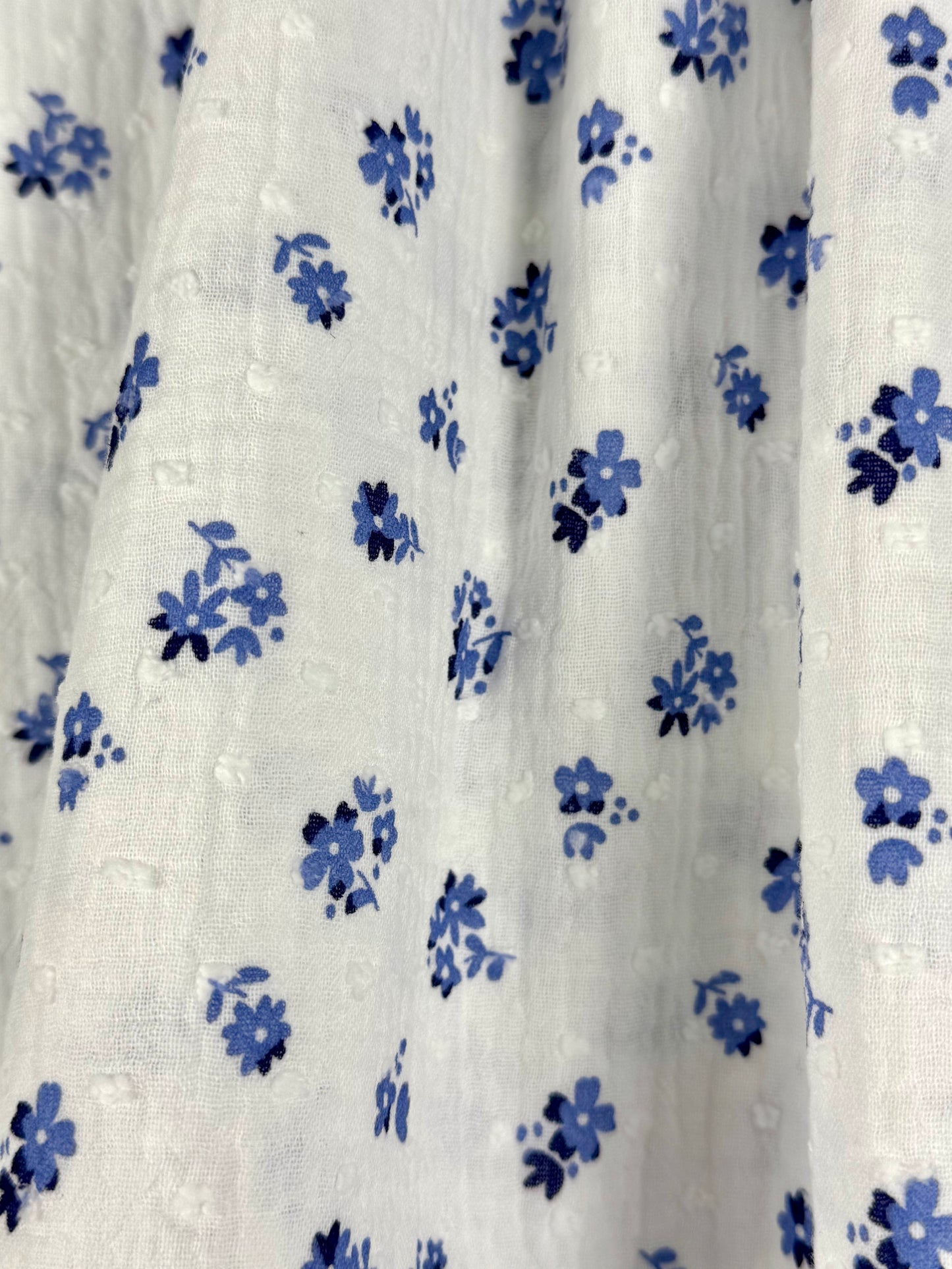 White Double Gauze Dobby with Blue Flower Print