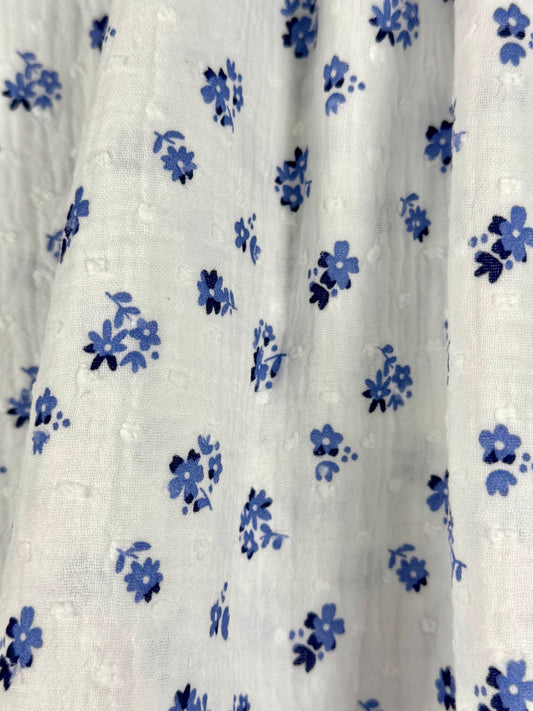 White Double Gauze Dobby with Blue Flower Print