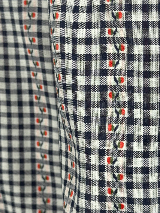 Navy Check Cotton Jacquard Flowers