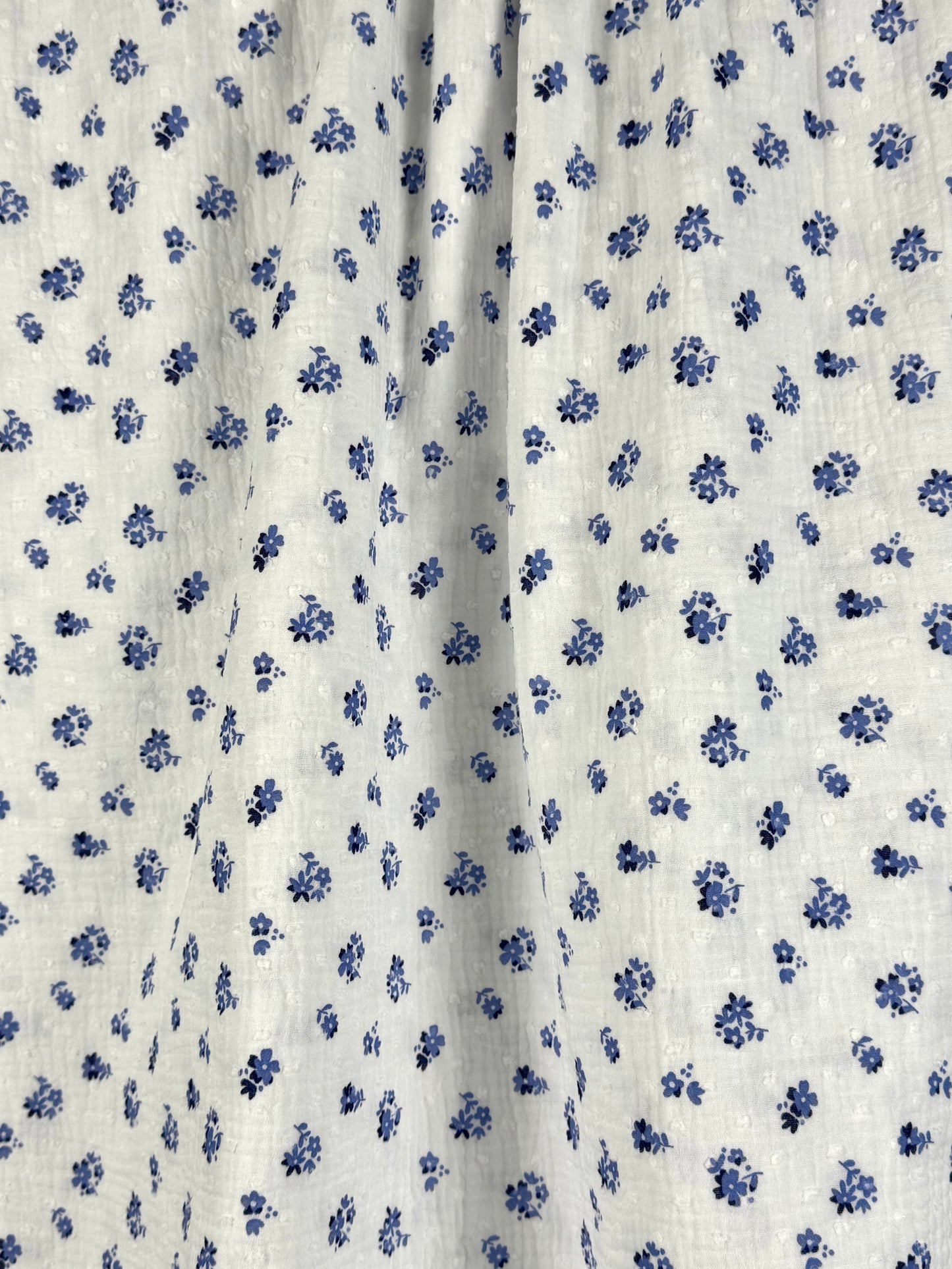 White Double Gauze Dobby with Blue Flower Print