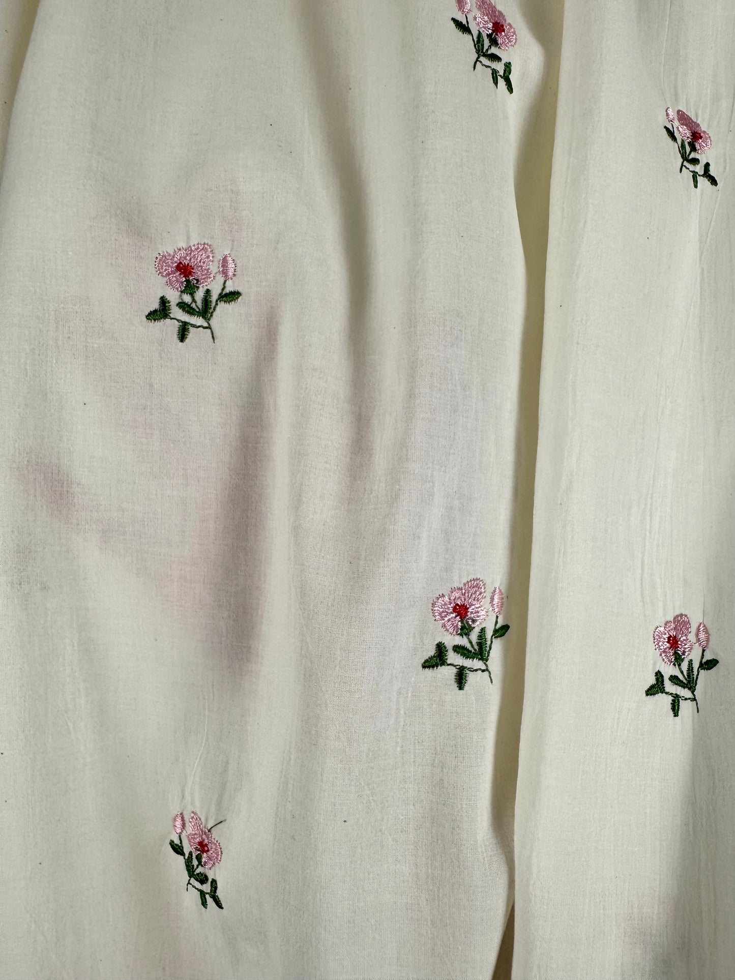 Off White Cotton Voile Crinkle with Embroidery Flowers