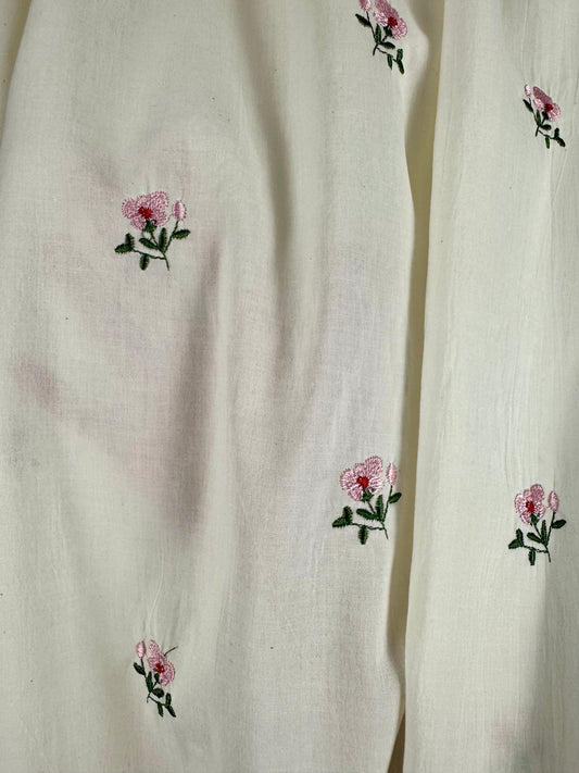 Off White Cotton Voile Crinkle with Embroidery Flowers
