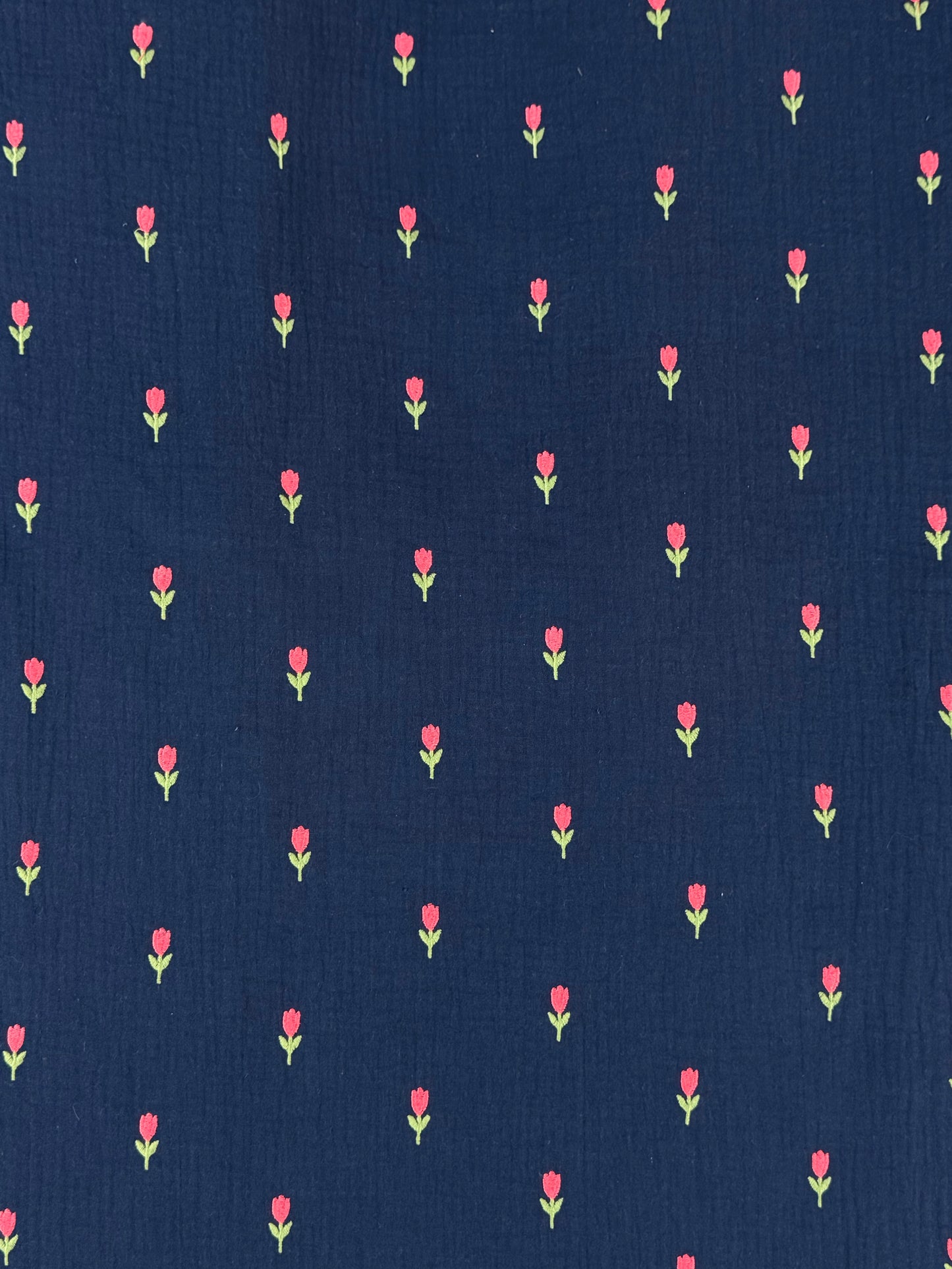 Navy Double Gauze with Red Tulip Embroidery