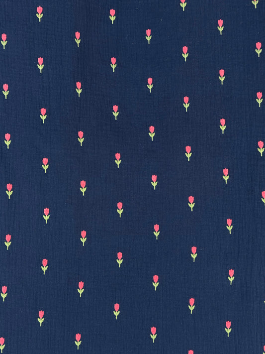 Navy Double Gauze with Red Tulip Embroidery