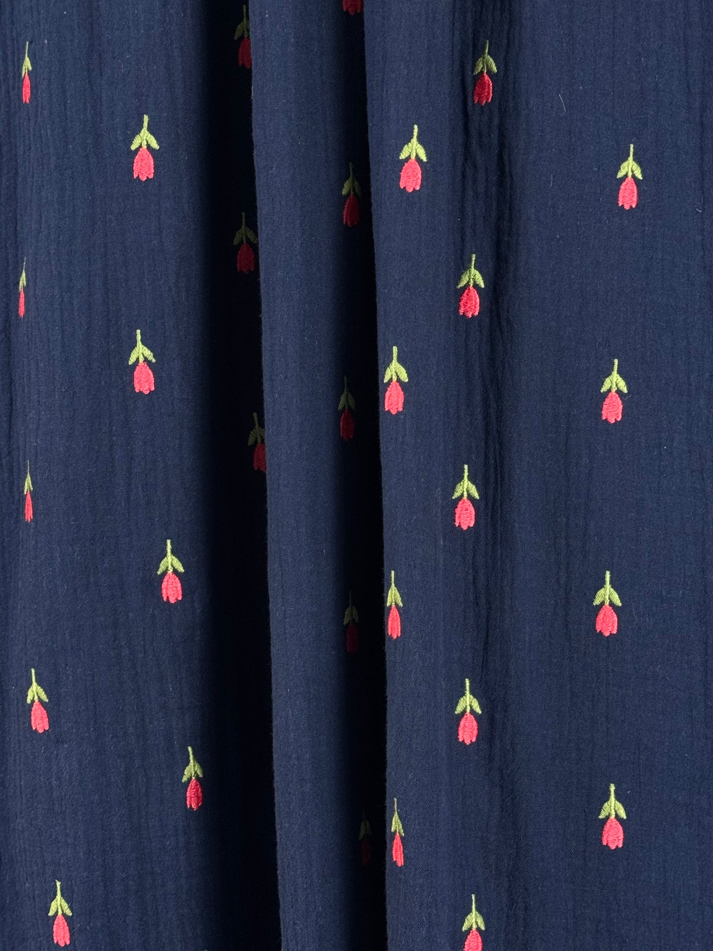 Navy Double Gauze with Red Tulip Embroidery