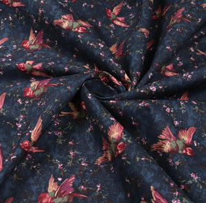 Cotton Lawn - Bird and Foliage on Blue VO9