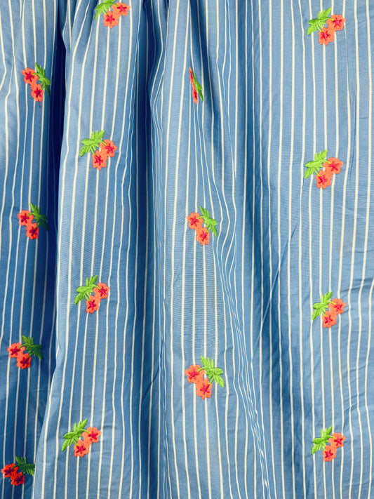 Light Blue Stripe with Embroidered Flowers Cotton