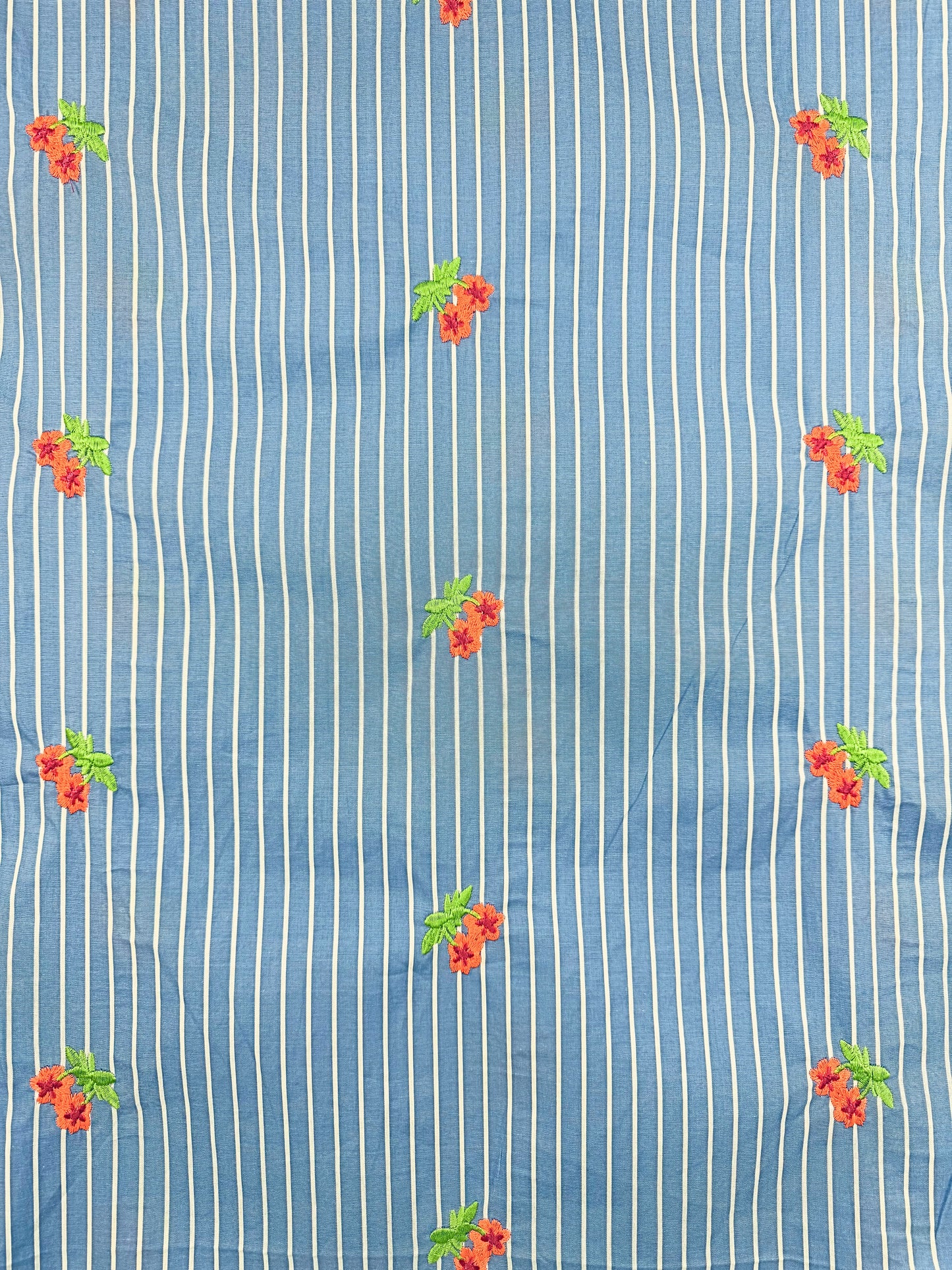 Light Blue Stripe with Embroidered Flowers Cotton