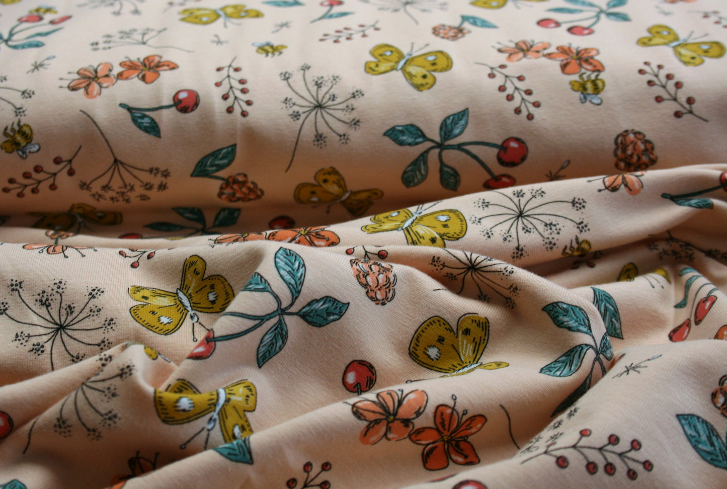 Flowers and Butterflies on Peach - Cotton Jersey G15