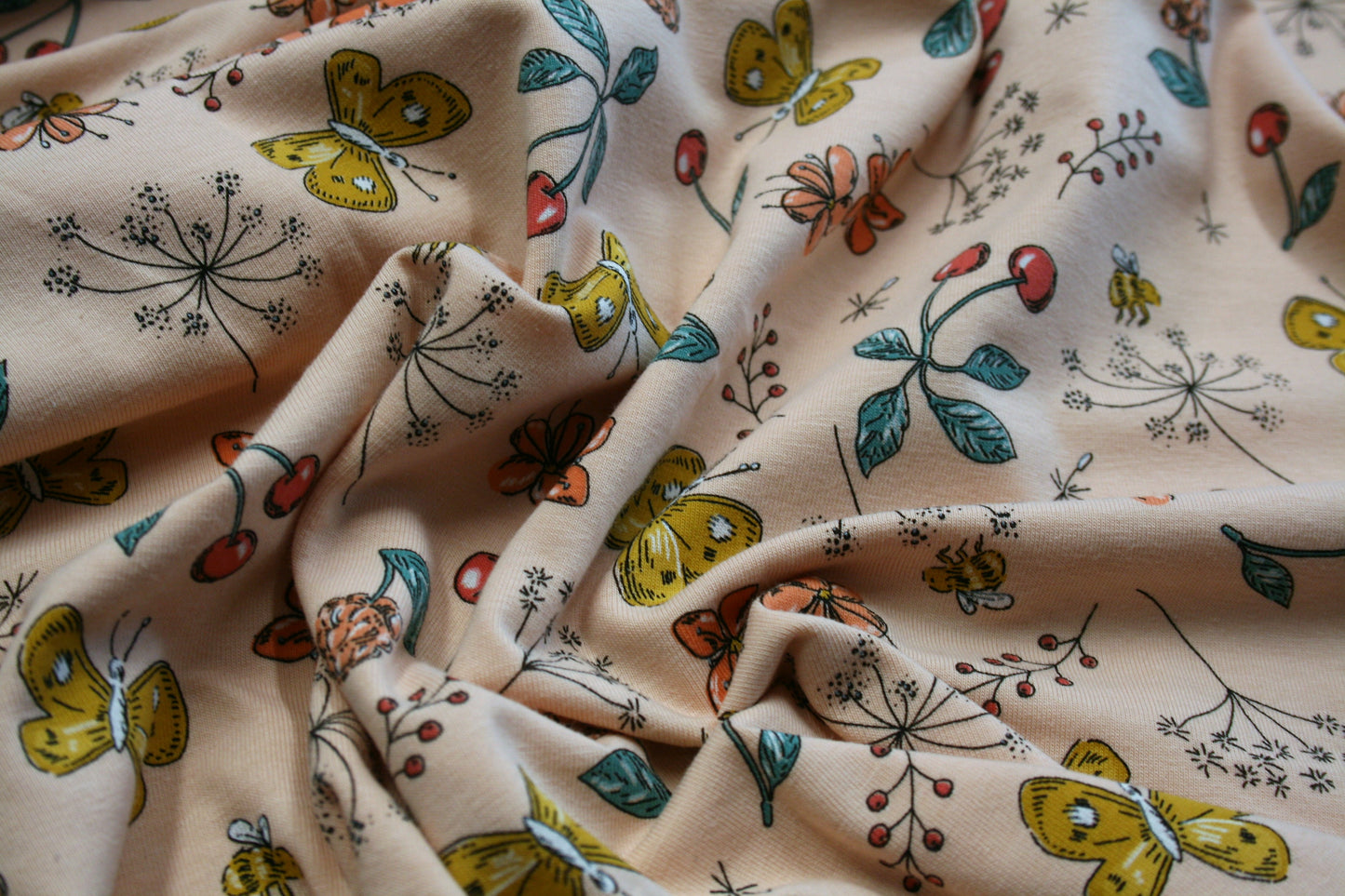 Flowers and Butterflies on Peach - Cotton Jersey G15