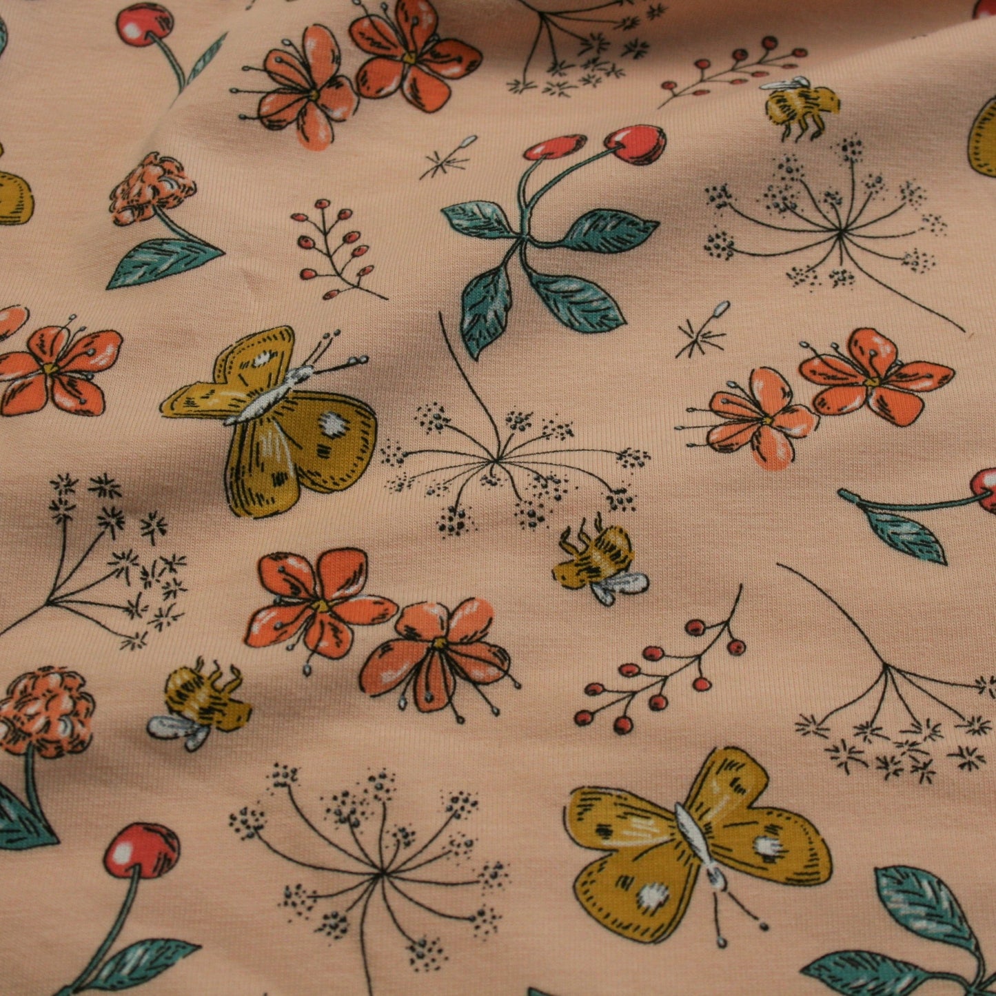 Flowers and Butterflies on Peach - Cotton Jersey G15