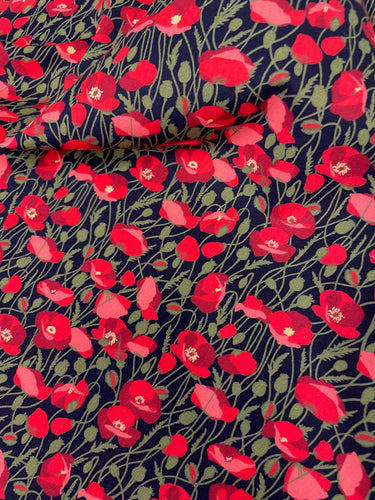 Navy cotton poplin with a red poppy print