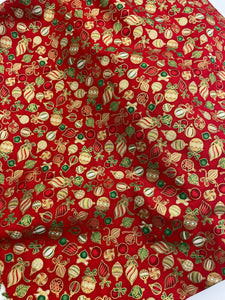red, green and white with gold bauble print cotton