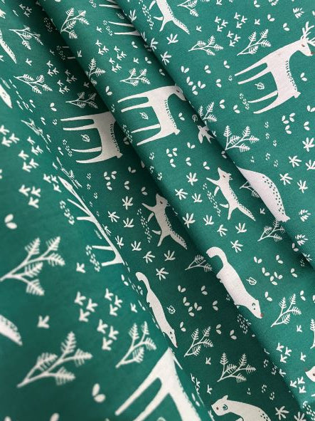 Emerald Green and White Deer Cotton Poplin